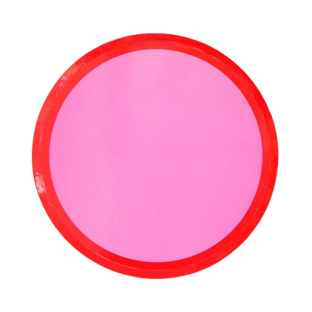 Pink and red round plate bold border for birthday celebration from Parte Haus party supply store in Bethesda MD.