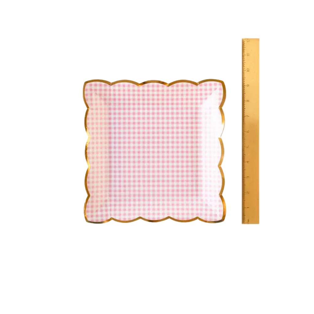 Pink gingham paper plate with gold scalloped edge for birthday from Parte Haus party supply store in Bethesda Maryland