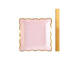 Pink gingham paper plate with gold scalloped edge for birthday from Parte Haus party supply store in Bethesda Maryland