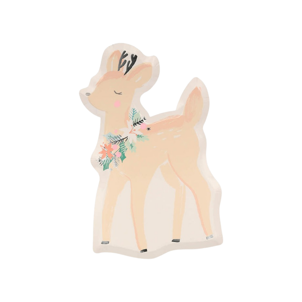 Pastel deer shaped plate with floral accent woodland theme from Parte Haus party supply store in Bethesda Maryland