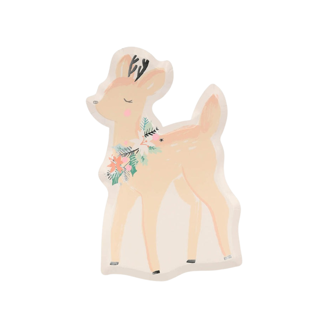 Pastel deer shaped plate with floral accent woodland theme from Parte Haus party supply store in Bethesda Maryland