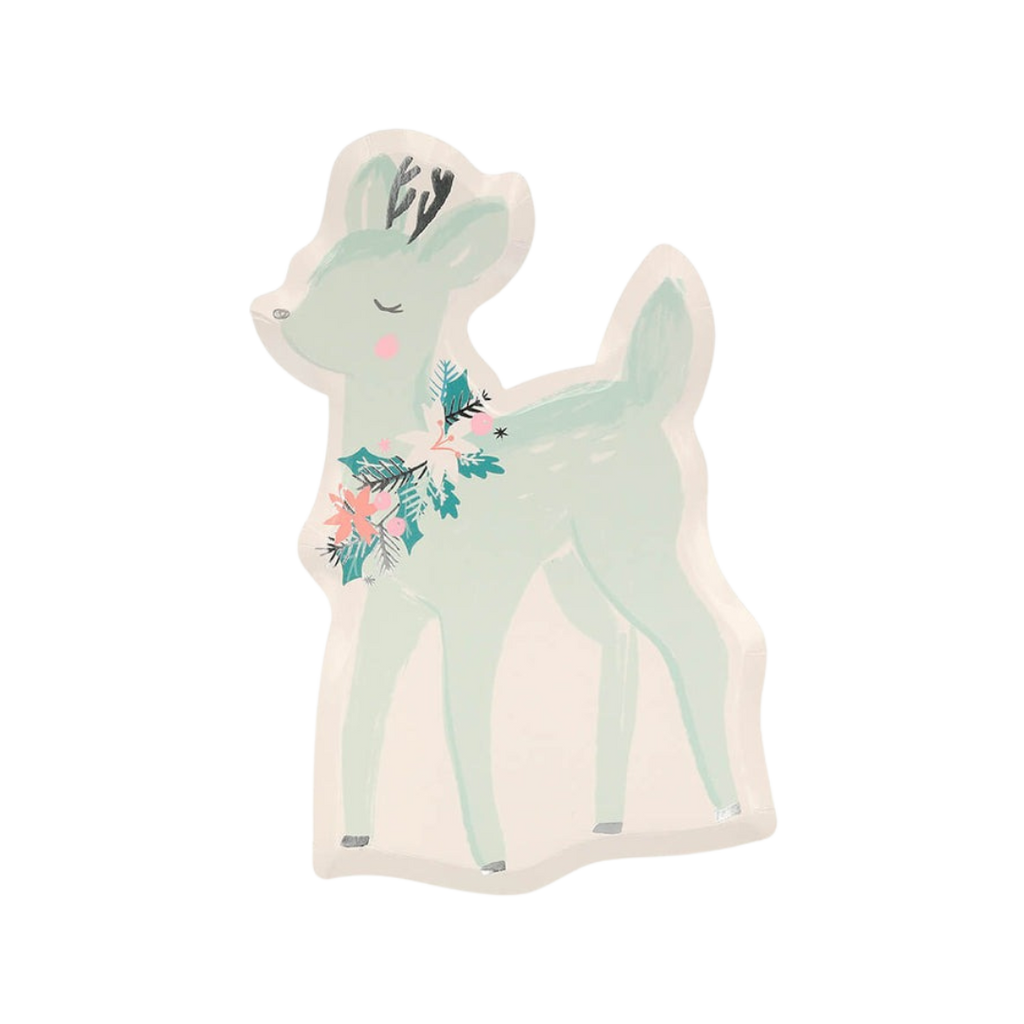 Mint deer shaped plate with floral wreath winter theme from Parte Haus party supply store in Bethesda MD
