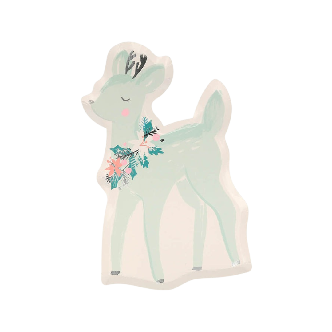 Mint deer shaped plate with floral wreath winter theme from Parte Haus party supply store in Bethesda MD
