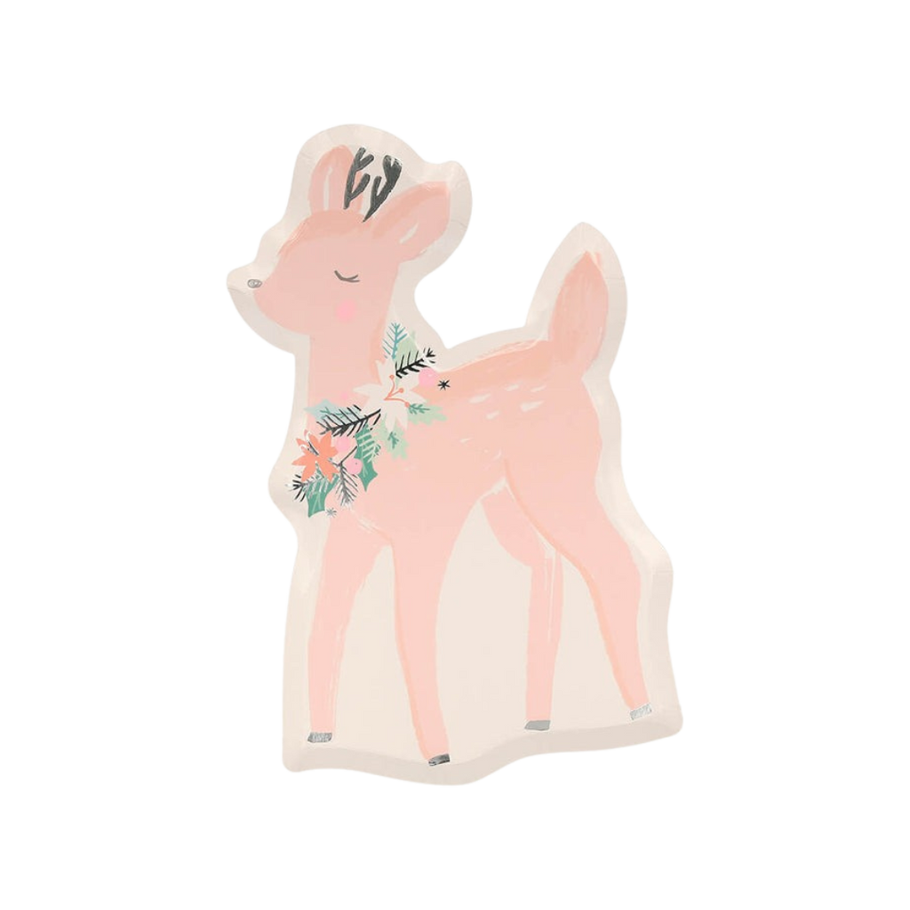 Pink deer shaped plate with festive floral details woodland birthday from Parte Haus party supply store in Bethesda MD