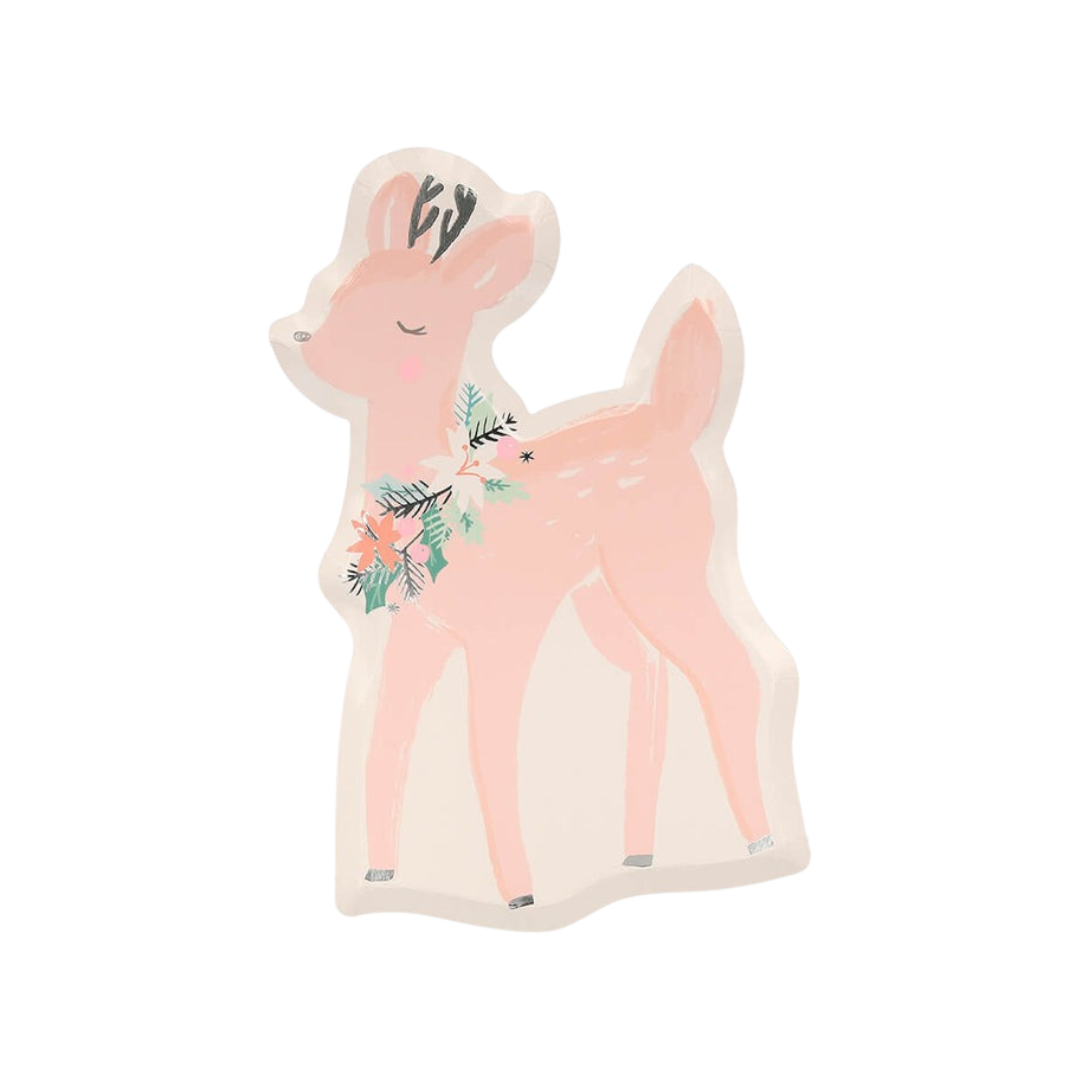 Pink deer shaped plate with festive floral details woodland birthday from Parte Haus party supply store in Bethesda MD