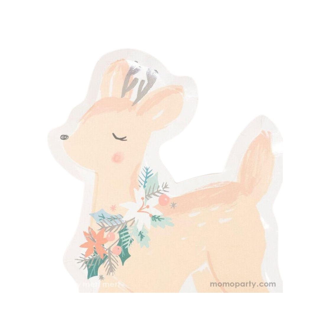 Beige deer shaped plate with holiday floral accent Christmas theme from Parte Haus party supply store in Bethesda MD.
