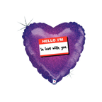 Purple heart balloon with hello I'm in love with you message romantic decor from Parte Haus party supply store in Bethesda MD.