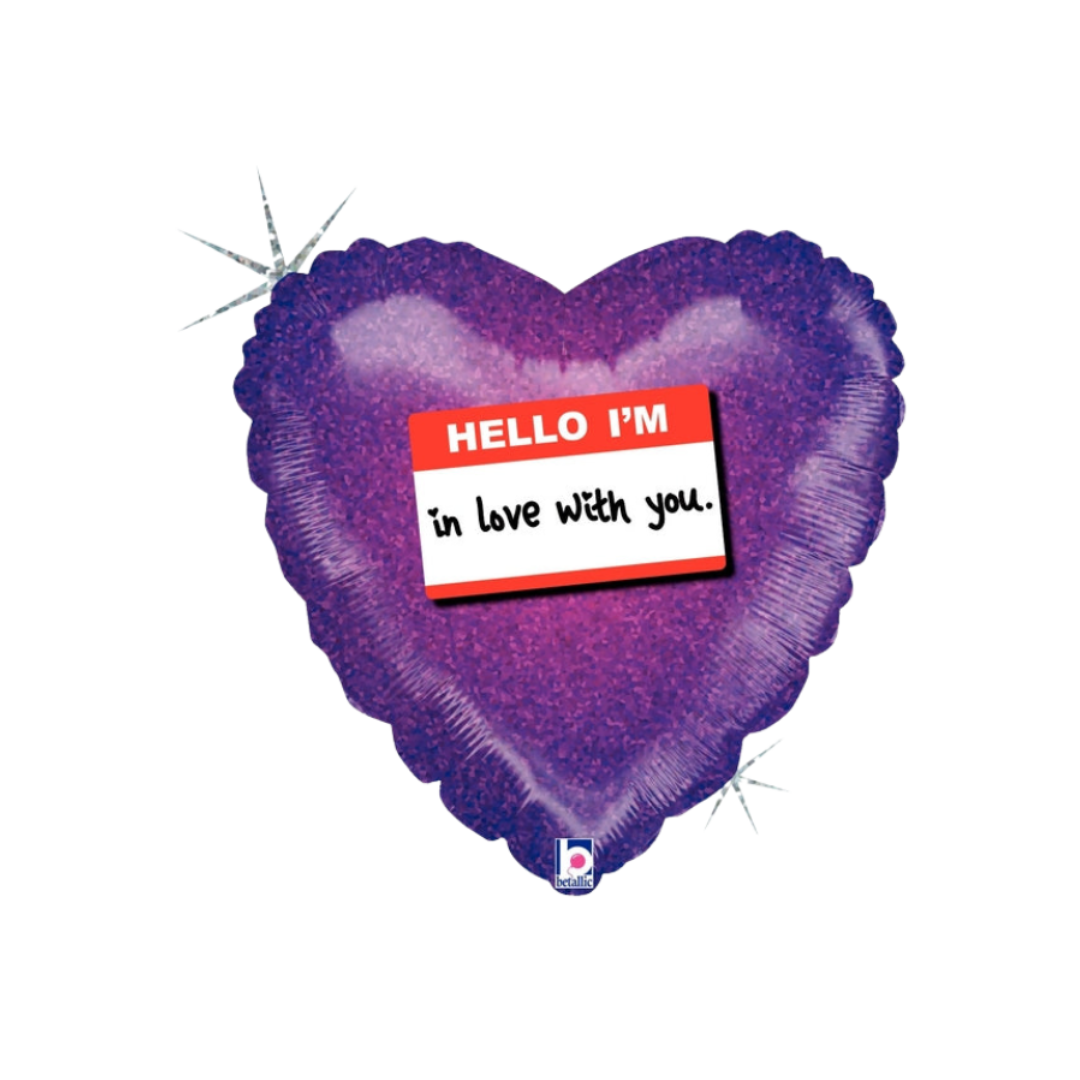 Purple heart balloon with hello I'm in love with you message romantic decor from Parte Haus party supply store in Bethesda MD.