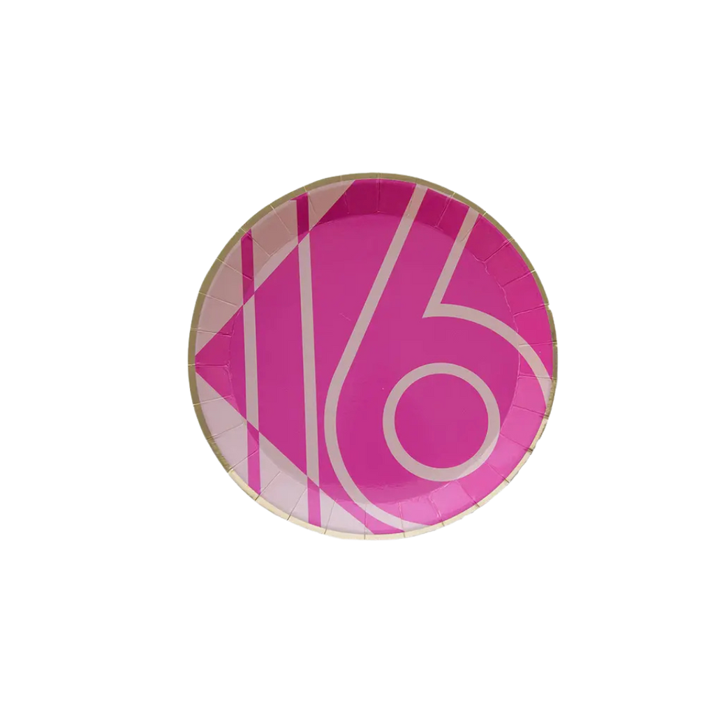 Pink sweet sixteen plate with bold number design birthday from Parte Haus party supply store in Bethesda MD