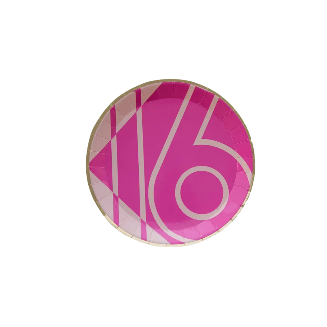 Pink sweet sixteen plate with bold number design birthday from Parte Haus party supply store in Bethesda MD
