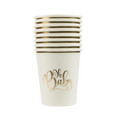 White gold Oh Baby cups with metallic accents baby shower theme from Parte Haus party supply store in Bethesda MD.
