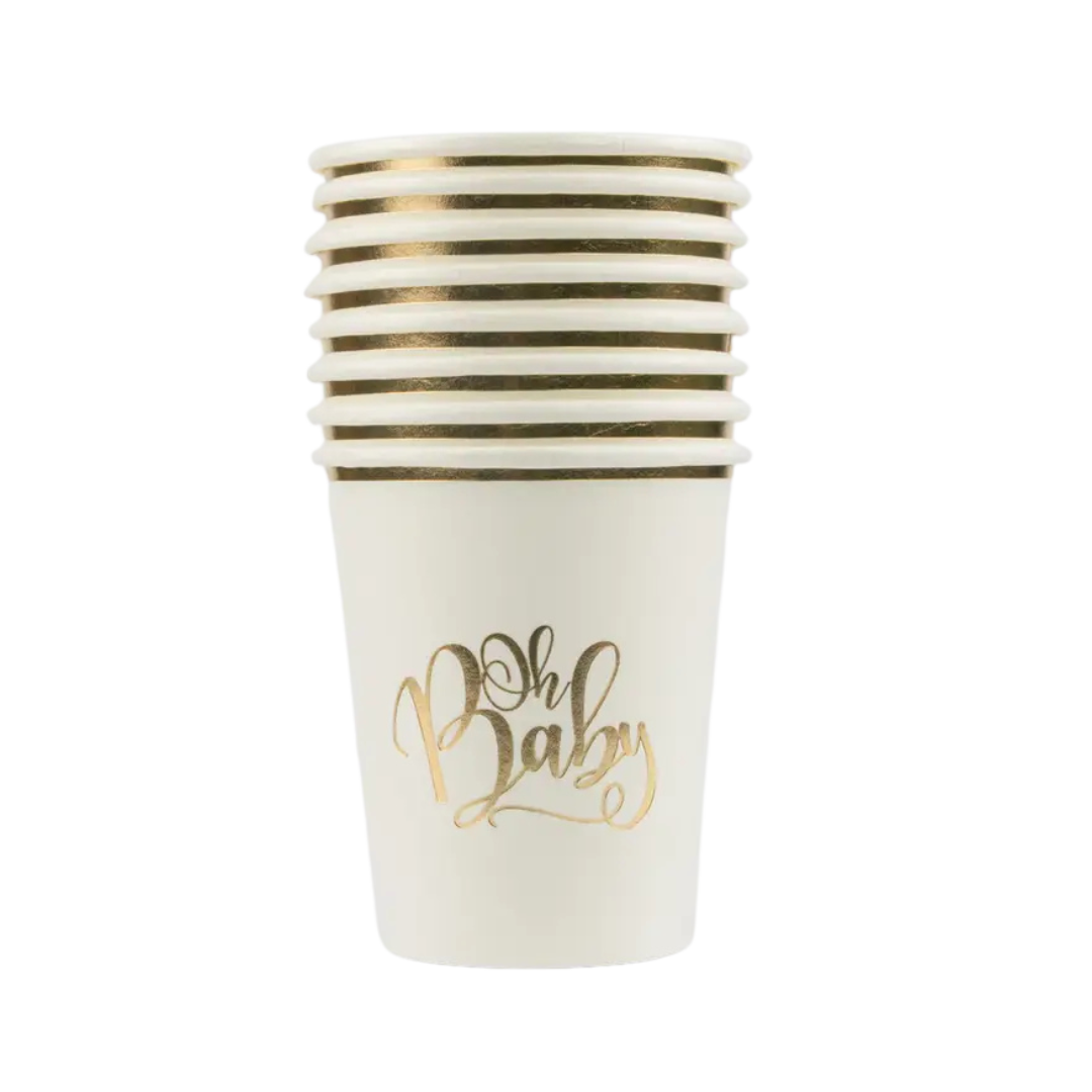 White gold Oh Baby cups with metallic accents baby shower theme from Parte Haus party supply store in Bethesda MD.