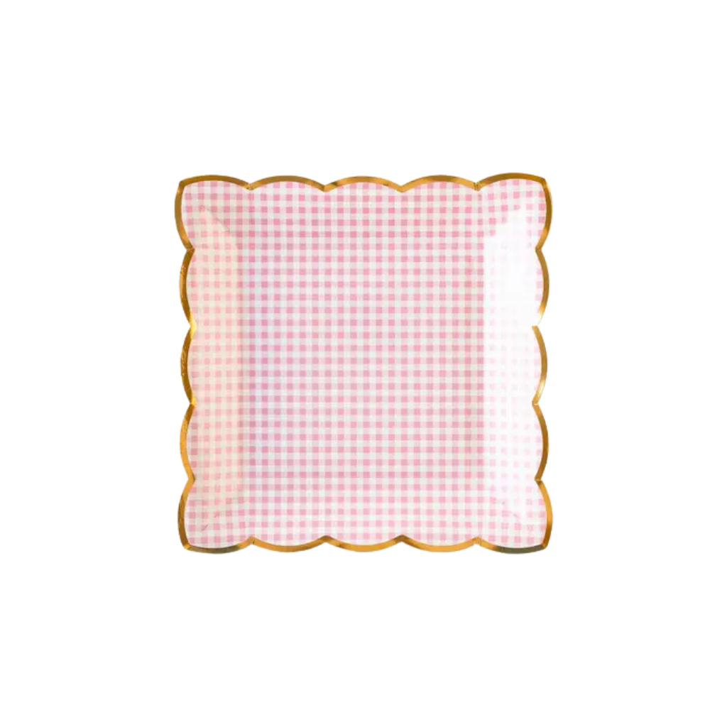 Pink gingham square plate with gold scalloped edge picnic theme from Parte Haus party supply store in Bethesda Maryland