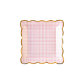 Pink gingham square plate with gold scalloped edge picnic theme from Parte Haus party supply store in Bethesda Maryland