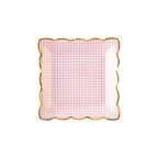 Pink gingham square plate with gold scalloped edge picnic theme from Parte Haus party supply store in Bethesda Maryland