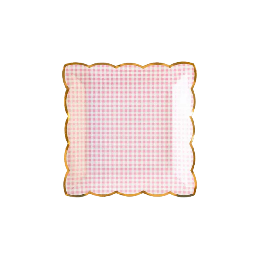 Pink gingham square plate with gold scalloped edge picnic theme from Parte Haus party supply store in Bethesda Maryland