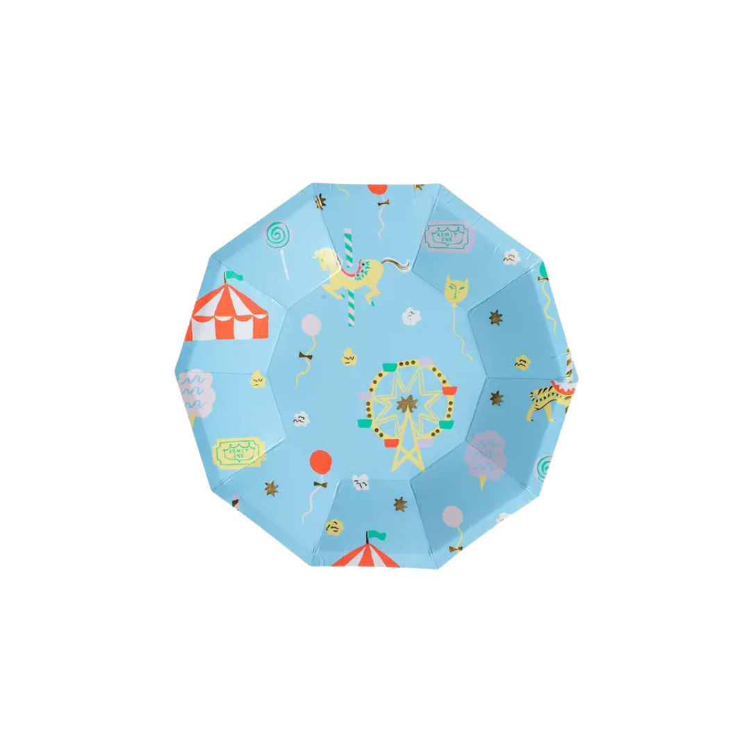 Blue carnival themed plate with circus and fairground illustrations from Parte Haus party supply store in Bethesda MD