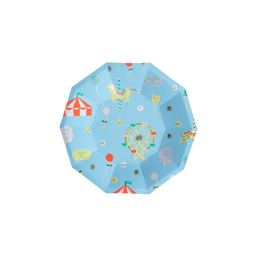 Blue carnival themed plate with circus and fairground illustrations from Parte Haus party supply store in Bethesda MD