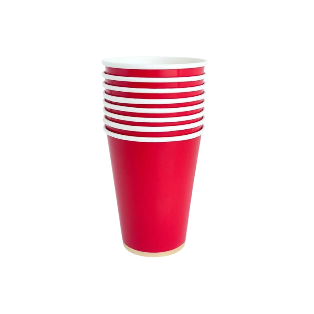 Red paper cups stack classic reusable for birthday celebration from Parte Haus party supply store in Bethesda Maryland
