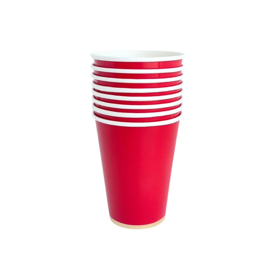 Red paper cups stack classic reusable for birthday celebration from Parte Haus party supply store in Bethesda Maryland