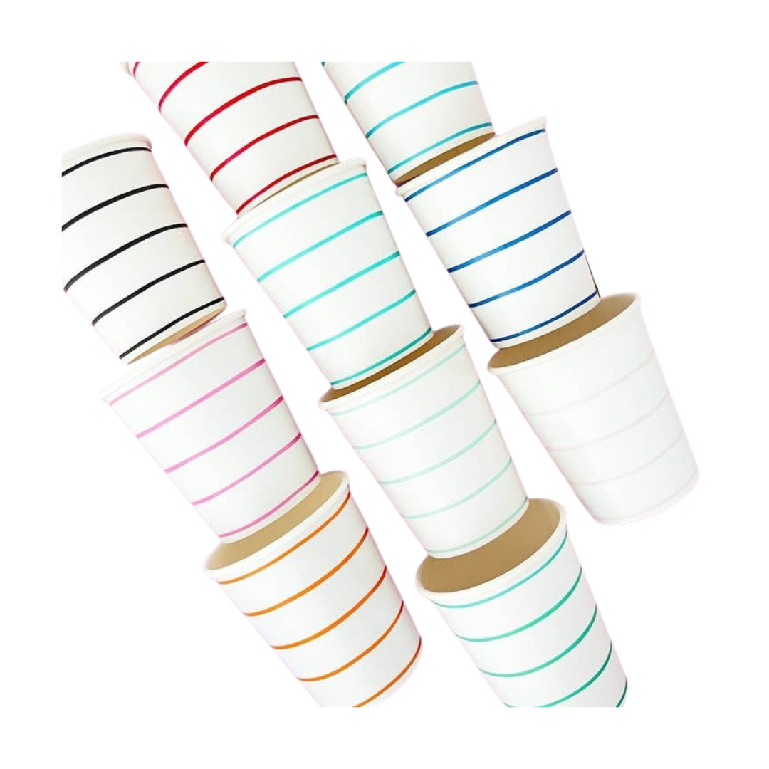 Colorful striped paper cups for birthday celebration from Parte Haus party supply store in Bethesda Maryland