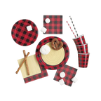 Red plaid tableware and cups with rustic campfire theme from Parte Haus party supply store in Bethesda Maryland