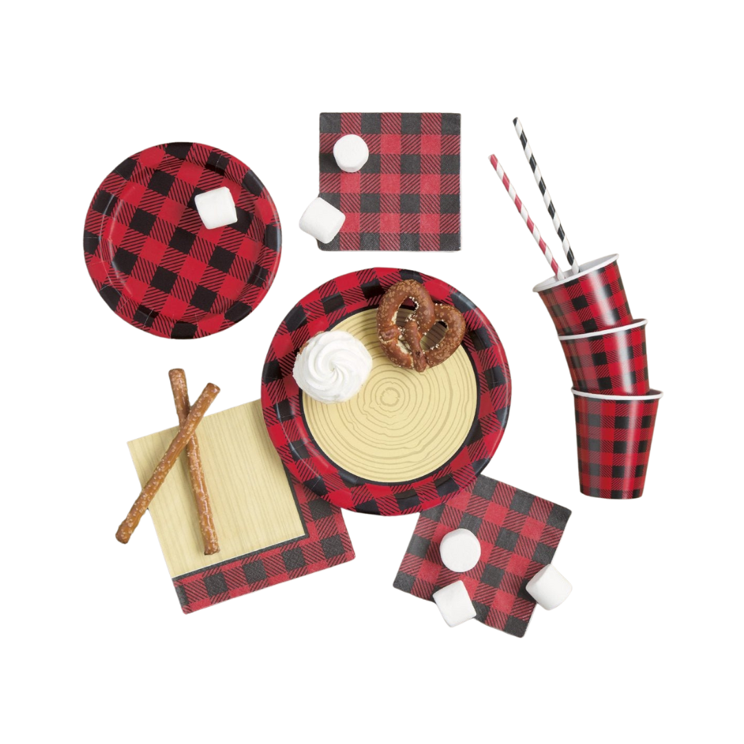 Red plaid tableware and cups with rustic campfire theme from Parte Haus party supply store in Bethesda Maryland