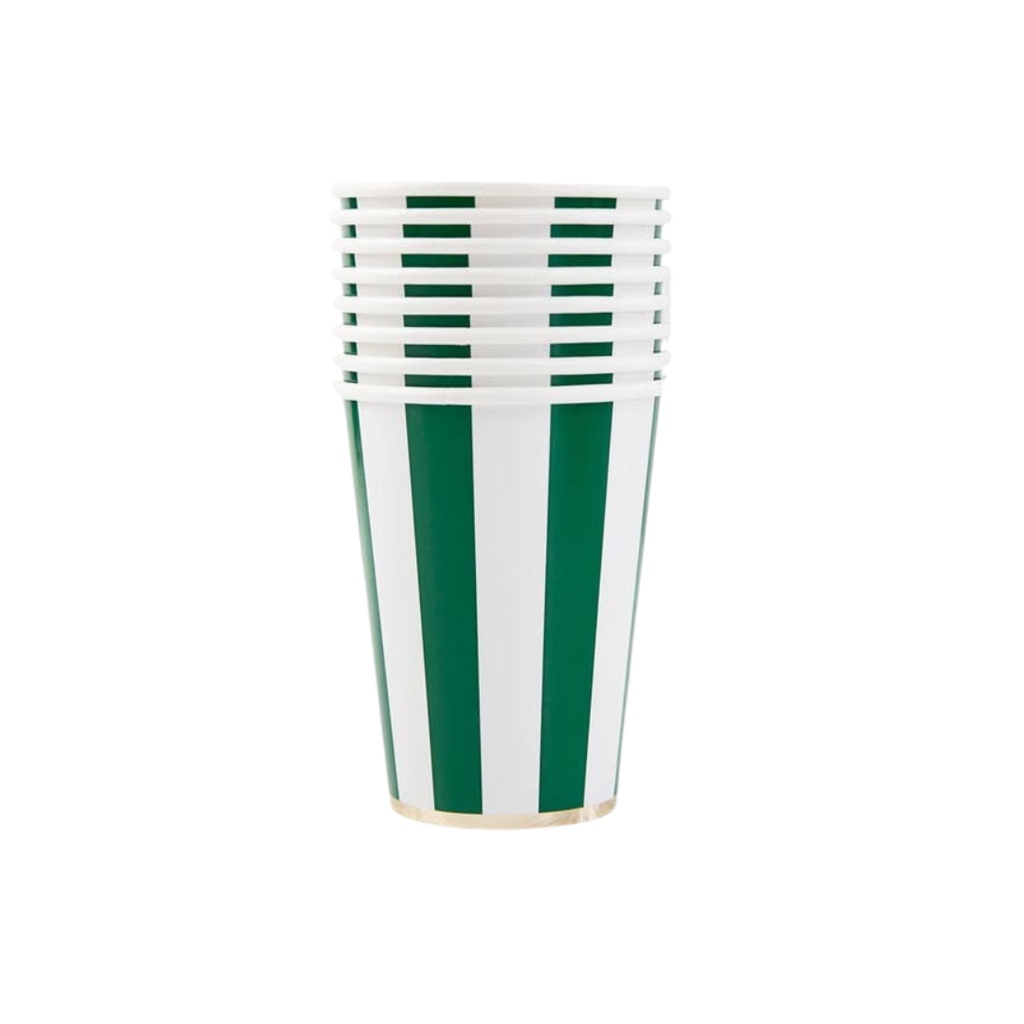 green and white striped paper cups stack classic tableware for celebrations from Parte Haus party supply store in Bethesda Maryland