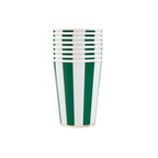 green and white striped paper cups stack classic tableware for celebrations from Parte Haus party supply store in Bethesda Maryland