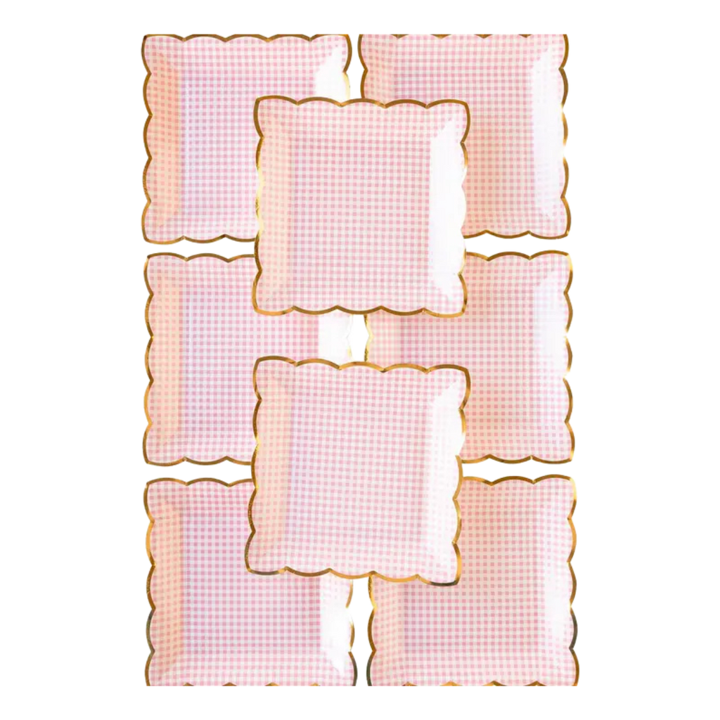 Pink gingham paper plates with gold trim for birthday or picnic from Parte Haus party supply store in Bethesda MD