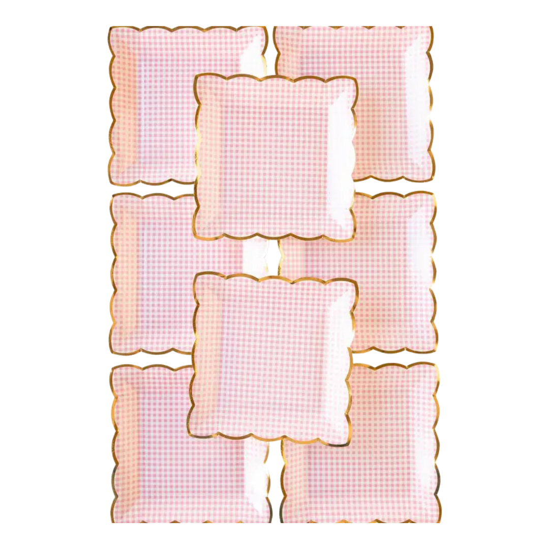 Pink gingham paper plates with gold trim for birthday or picnic from Parte Haus party supply store in Bethesda MD