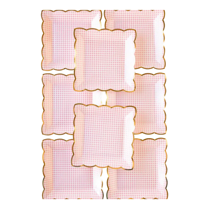 Pink Gingham Square Large Dinner Plates