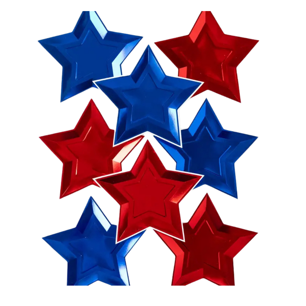 Red and blue star shaped plates for patriotic celebration from Parte Haus party supply store in Bethesda Maryland