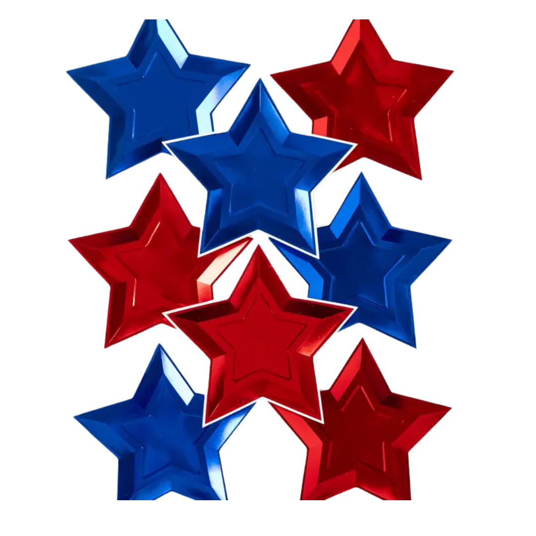 Red and blue star shaped plates for patriotic celebration from Parte Haus party supply store in Bethesda Maryland
