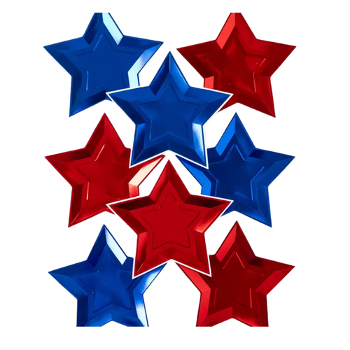Red and blue star shaped plates for patriotic celebration from Parte Haus party supply store in Bethesda Maryland