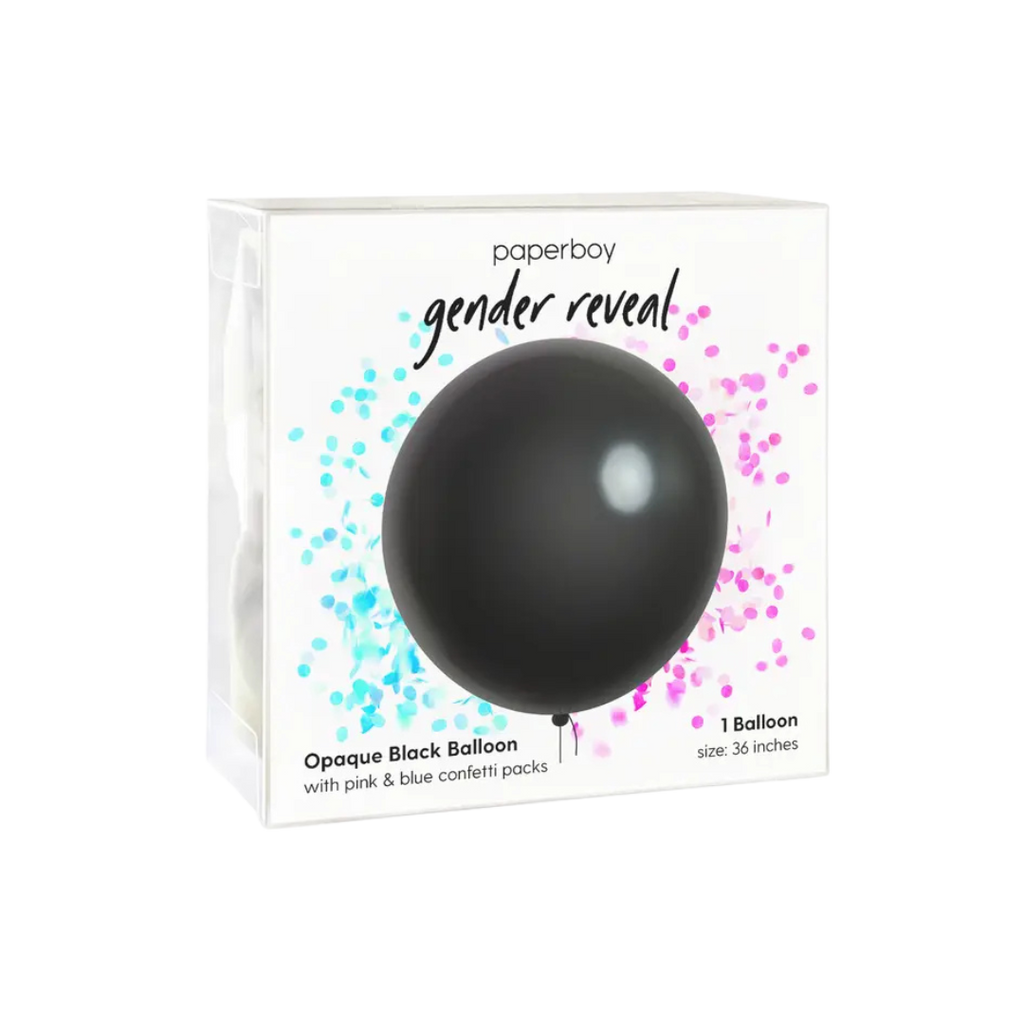 Black gender reveal balloon in a box with blue and pink confetti for baby shower from Parte Haus party supply store in Bethesda MD