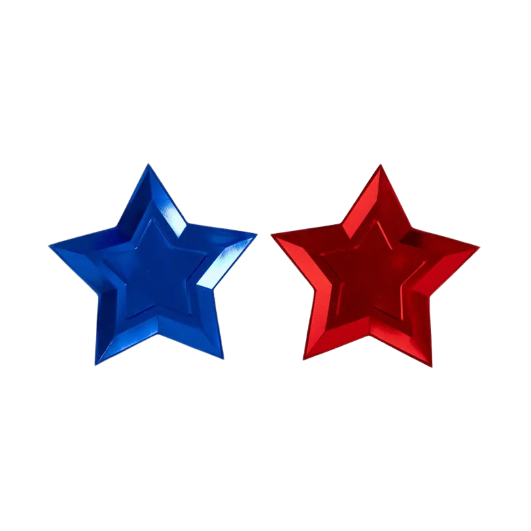 Blue and red star shaped plates for patriotic theme from Parte Haus party supply store in Bethesda Maryland