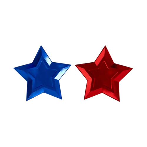Blue and red star shaped plates for patriotic theme from Parte Haus party supply store in Bethesda Maryland