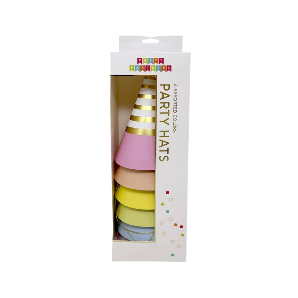 Pastel assorted party hats in box birthday theme from Parte Haus party supply store in Bethesda Maryland