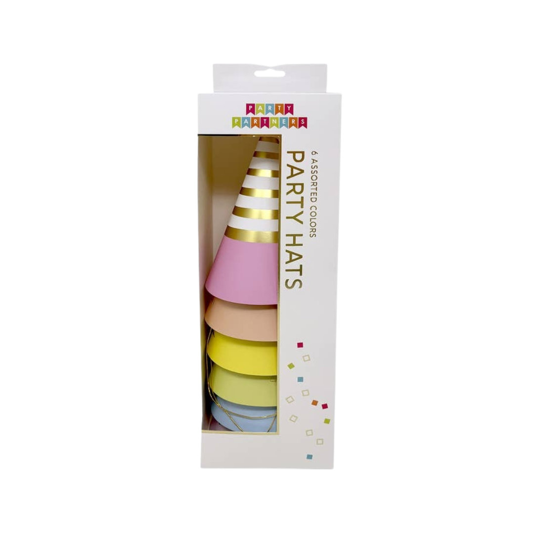 Pastel assorted party hats in box birthday theme from Parte Haus party supply store in Bethesda Maryland