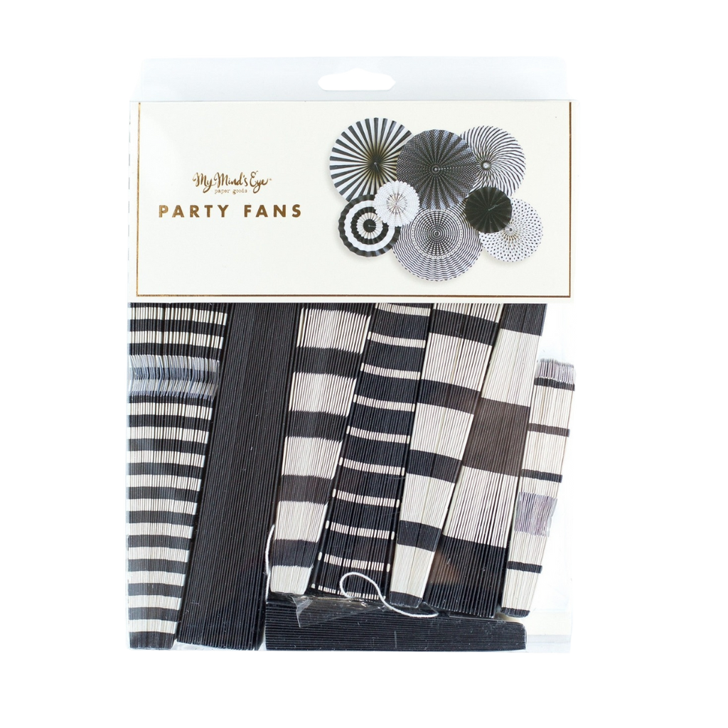 Black and white paper fans with striped designs for classic celebration from Parte Haus party supply store in Bethesda MD