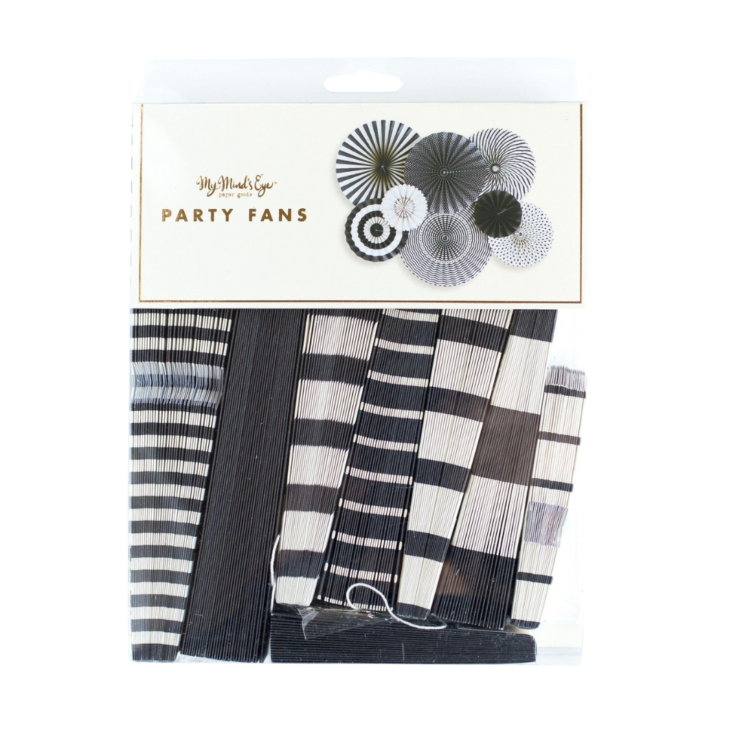Black and white paper fans with striped designs for classic celebration from Parte Haus party supply store in Bethesda MD