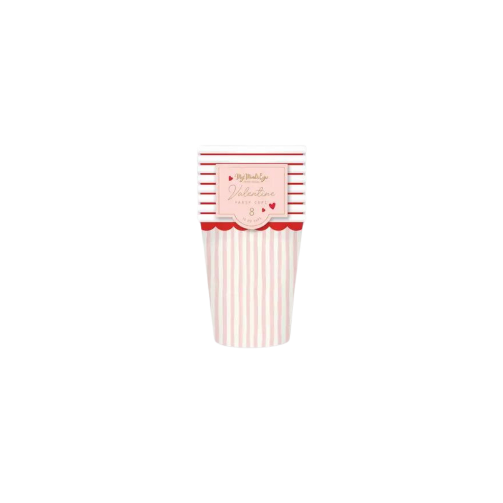 Pink stripe paper cup pack for Valentine’s Day from Parte Haus party supply store in Bethesda, Maryland