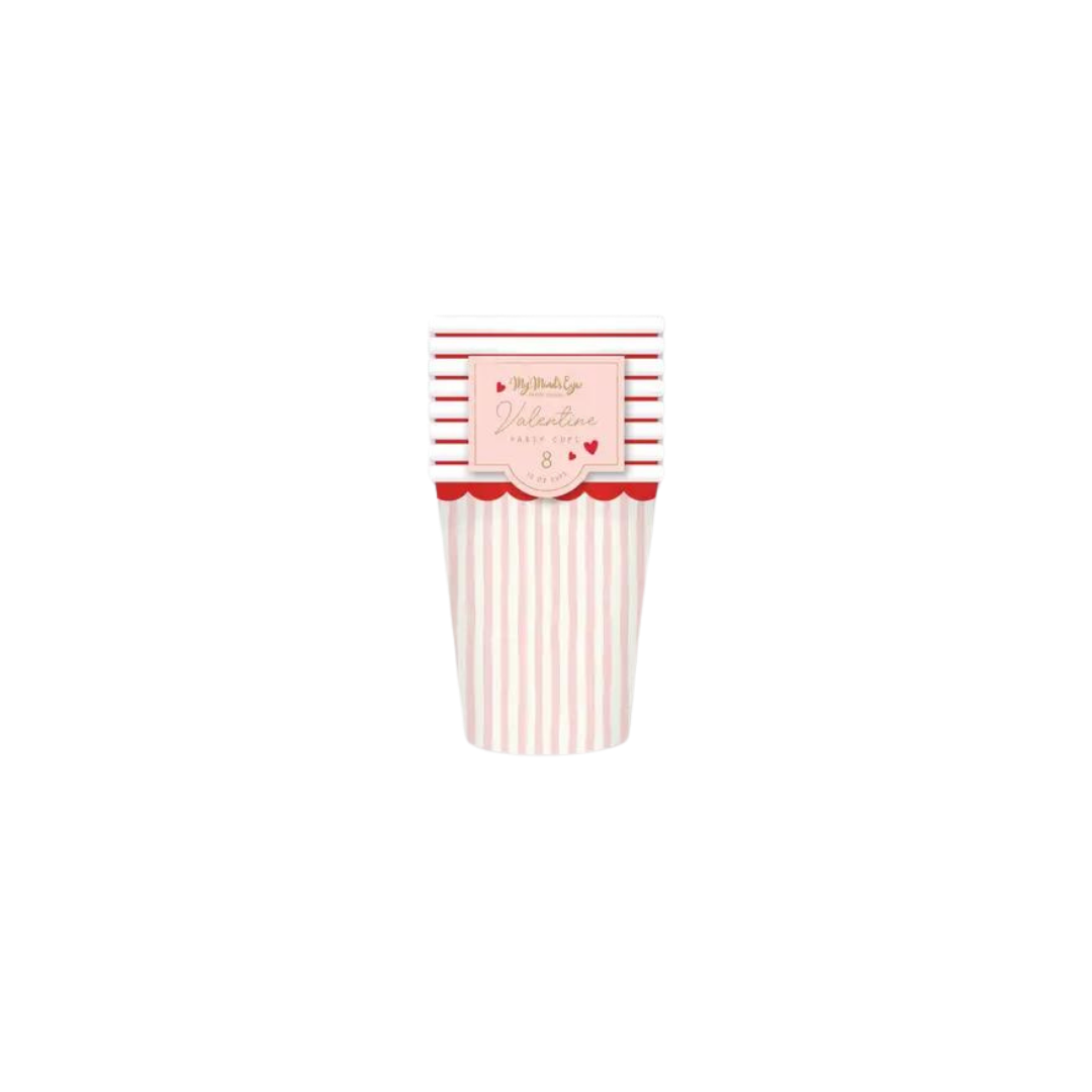 Pink stripe paper cup pack for Valentine’s Day from Parte Haus party supply store in Bethesda, Maryland