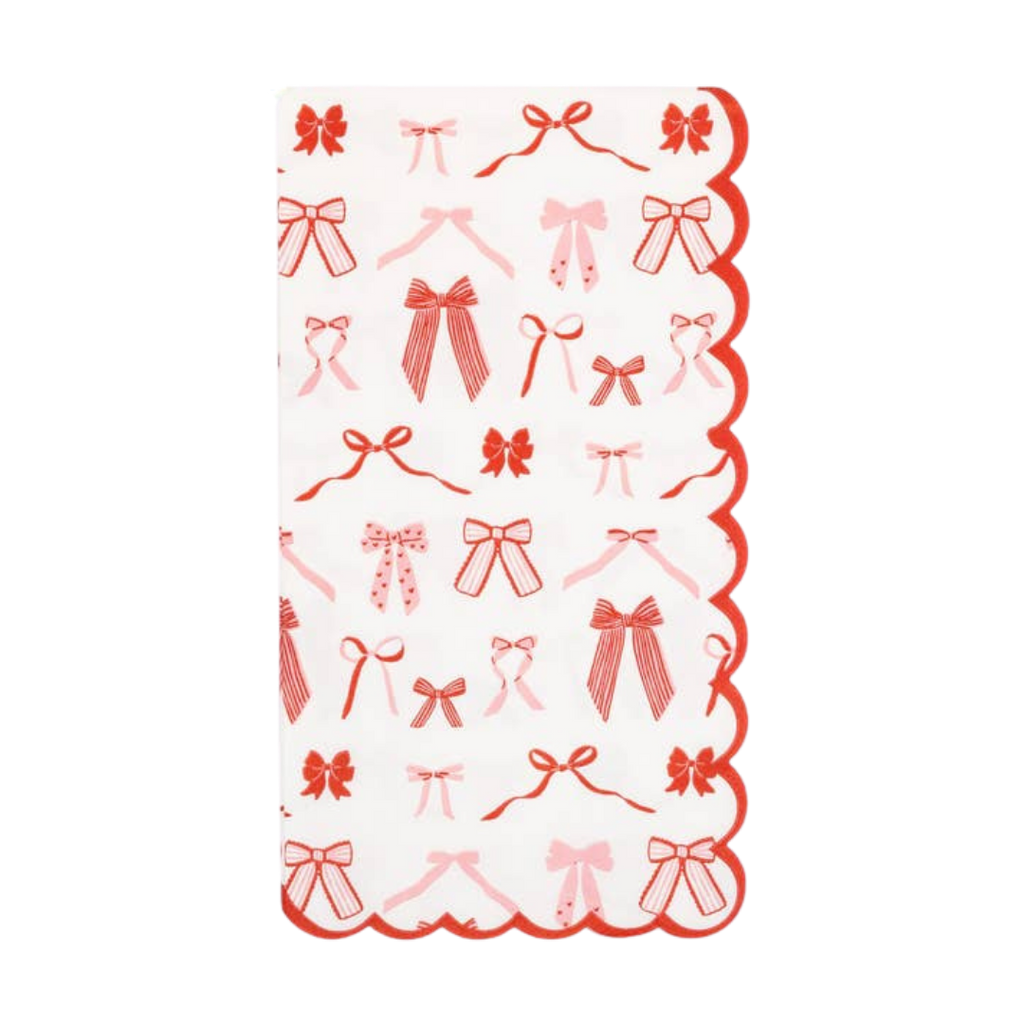 Red and White Bow Pattern Scalloped Cocktail Napkins