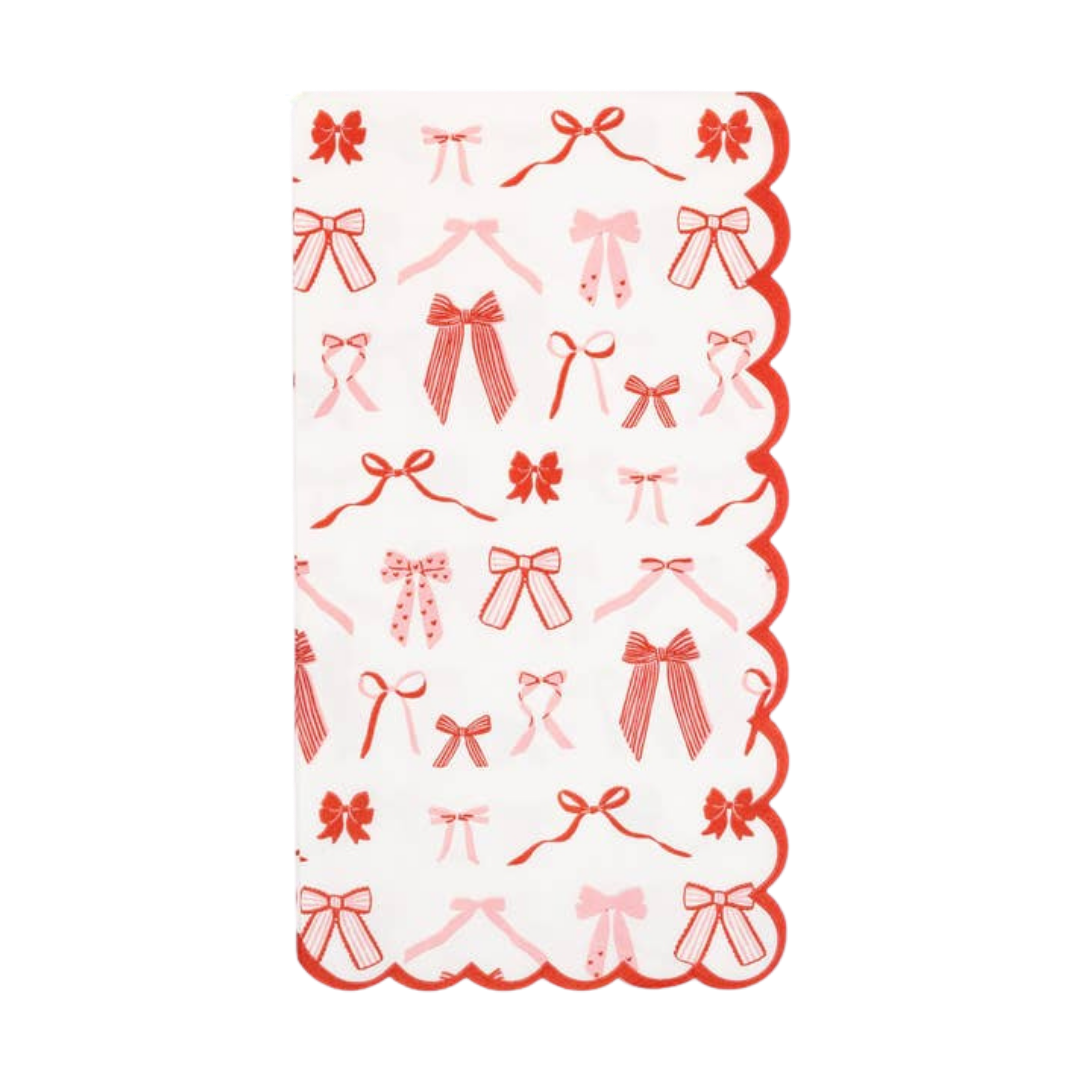 Red and White Bow Pattern Scalloped Cocktail Napkins