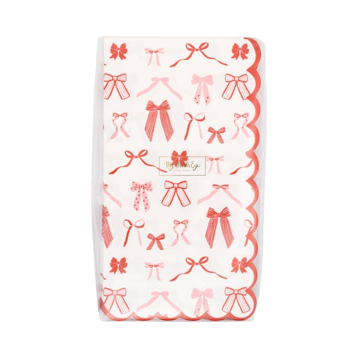 Red and White Bow Pattern Scalloped Cocktail Napkins