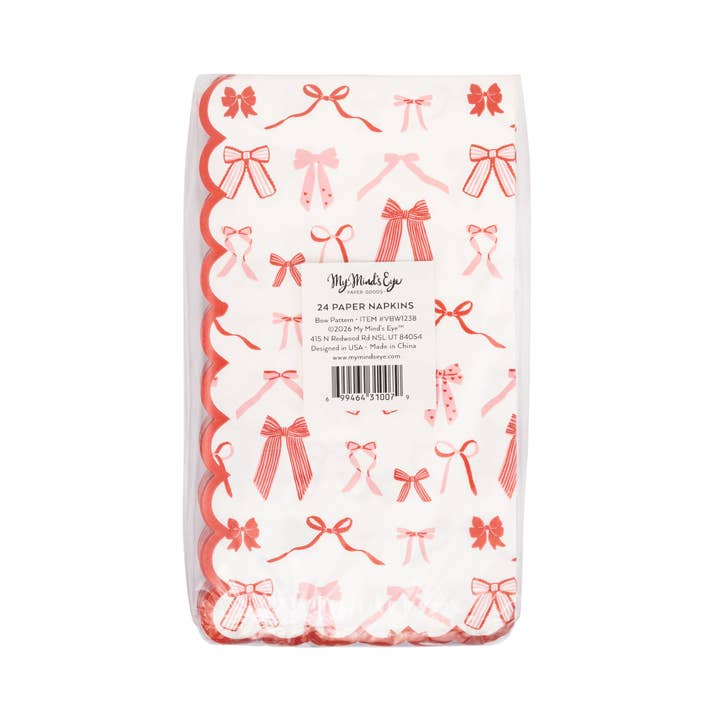 Red and White Bow Pattern Scalloped Cocktail Napkins