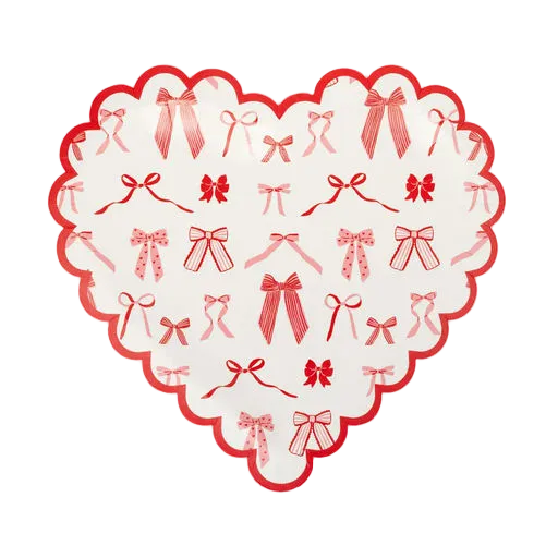 Red and White Bow Pattern Scalloped Heart Shaped Large Dinner Plates