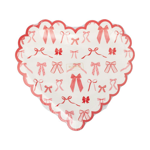 Red and White Bow Pattern Scalloped Heart Shaped Large Dinner Plates